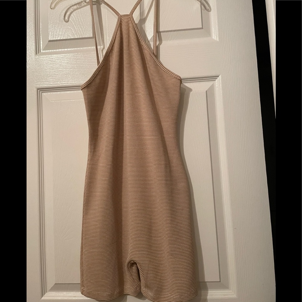 Zara short bodycon jumpsuit. Brown and white stripe. Size Medium.